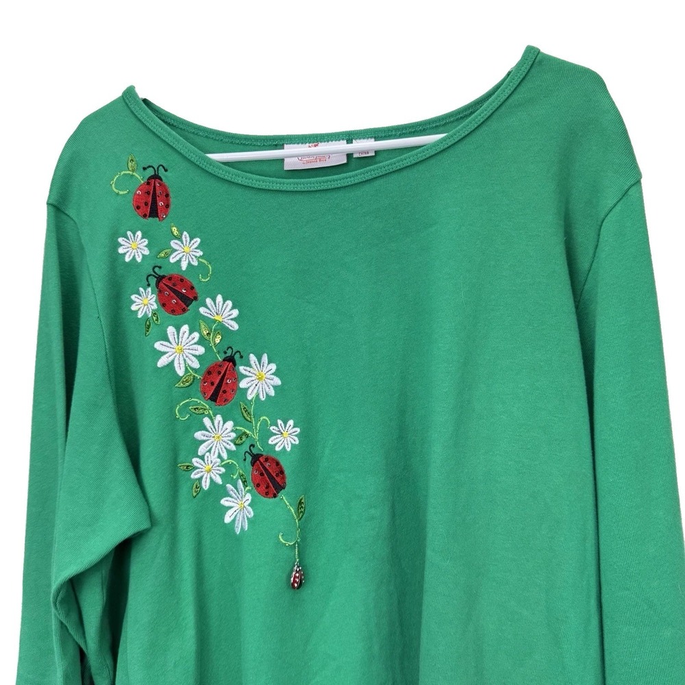 Quacker Factory Green Floral Embroidery Ladybug Dangle Knit Top Size 2X - Picture 4 of 12